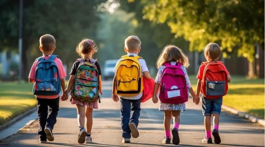Children walking to school with backpacks – reminder on how good posture and proper backpack use can help prevent back and shoulder pain.